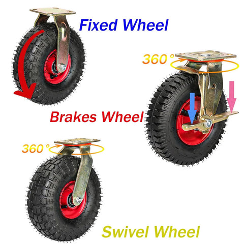 Heavy Duty Pneumatic Swivel Plate Caster With Ball Bearings And Side Brakes, 8 Or 10 Inch Industrial Casters For Outdoor Use