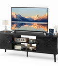 Mid Century Modern TV Stand For 55 To 60 Inch TVs With Storage, black finish, two cabinets, living room setup with decor