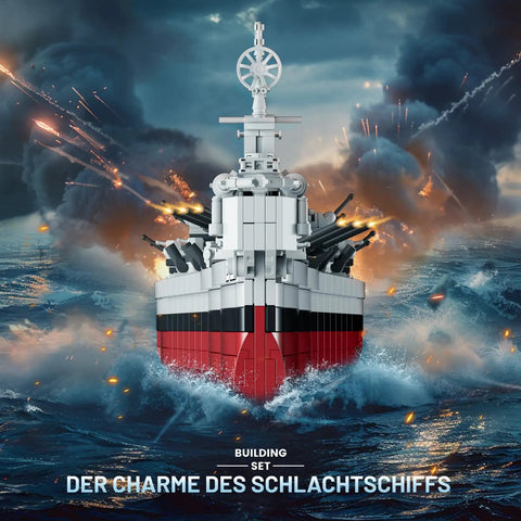 Front view of Battleship Building Set 60011 Classic Military Missouri Warship Model Kit for Adults and Teens in ocean scene.