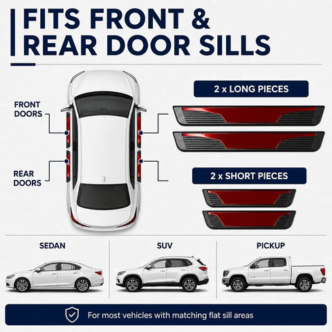 Layout of Ford Edge Door Sill Guards 4 Piece Set Glossy Red Peel And Stick Entry Trim Protectors for front and rear doors on sedan, SUV, pickup