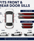 Ford Edge 2021 2024 Sport Door Sill Guards 4 Piece Glossy Peel And Stick Front And Rear Entry Trim Protectors in red shown next to vehicle.