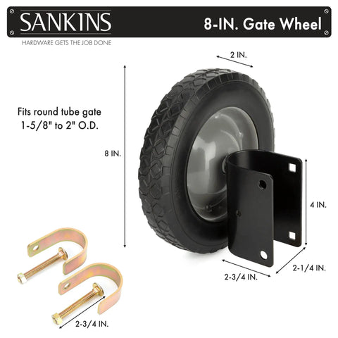 8 Inch Rubber Gate Wheel Caster For Swing Gates Heavy Duty Gate Helper Side Mount with measurements and mounting brackets