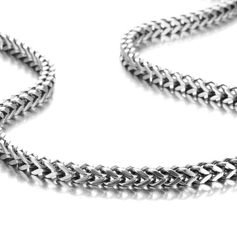 Mechanic Style Stainless Steel Mens Necklace Link Chain Silver Tone Dope Polished Finish Mens Jewelry close-up on white background