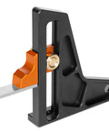 Professional Grade Two Inch Dual Scale Tool Setup And Height Gauge For Band Saws Table Saws Router Tables And Drill Presses close-up view of lightweight aluminum body with brass knob