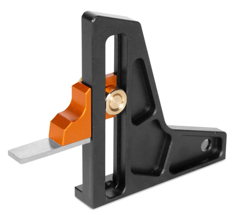 Professional Grade Two Inch Dual Scale Tool Setup And Height Gauge For Band Saws Table Saws Router Tables And Drill Presses close-up view of lightweight aluminum body with brass knob