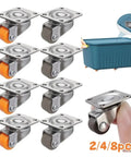 Tiny 0.5 Inch Swivel Plate Casters with Low Profile Frame for Tight Spaces, multi pack, attached to a container, close-up details