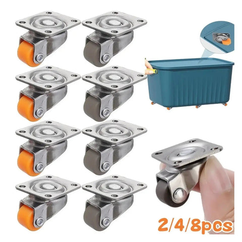 Tiny 0.5 Inch Swivel Plate Casters with Low Profile Frame for Tight Spaces, multi pack, attached to a container, close-up details