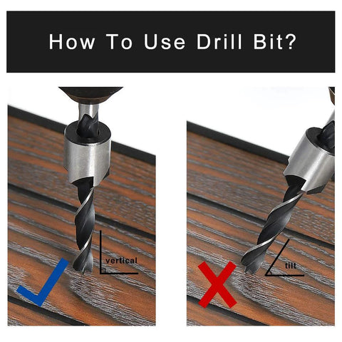 7-piece COMOWARE countersink drill bit set for wood, high-speed steel; left shows vertical alignment on wood, right shows tilt.