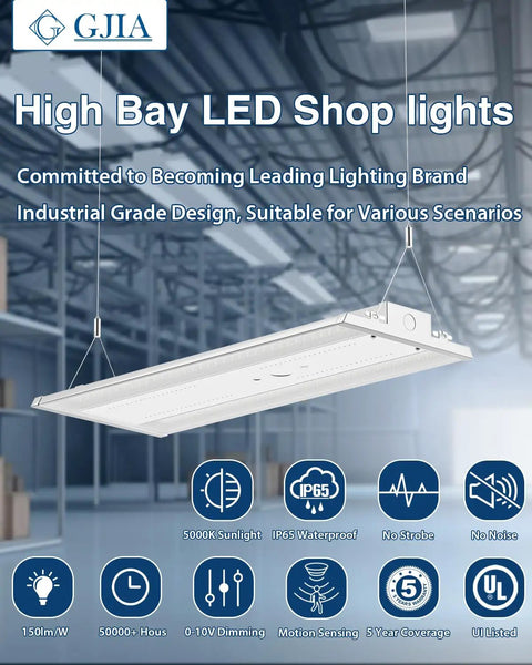 Bright As Day 210W LED Linear High Bay Shop Lights Four Pack With 31500LM 0 To 10V Dimmable 5000K Daylight, suspended in warehouse