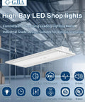 300W LED Linear High Bay Shop Lights 4 Pack in warehouse with features like 45000LM, 0-10V dimmable, 5000K UL listed shown on packaging.