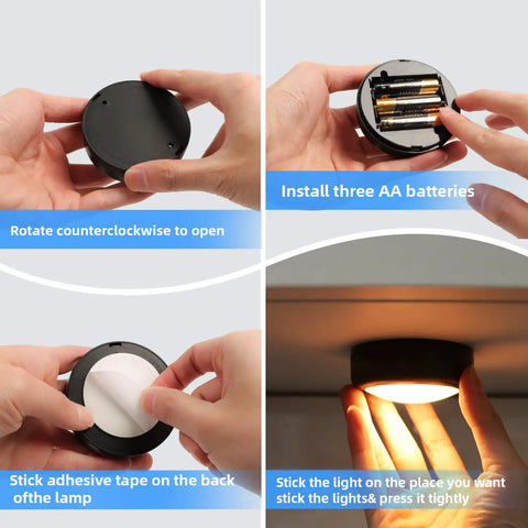 Remote Controlled 6 Pack LED Hockey Puck Lights Battery Powered Wireless Under Cabinet And Baseboard Illumination setup steps