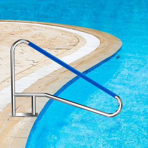 Heavy Duty Pool Handrail With Four Corner Flex And Blue Rubberized Comfort Guard Forged From 304 Stainless Steel by the poolside