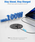 Premium 100W USB C Desktop Power Grommet With Compact Layout featuring max 100W charging setup and three AC outlets.