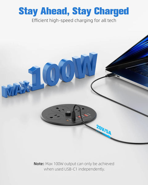 Premium 100W USB C Desktop Power Grommet With Compact Layout featuring max 100W charging setup and three AC outlets.