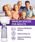 Inhaler Spacer For Adults with silicone mask, anti-static chamber, and exhalation valve for improved lung delivery, purple color.