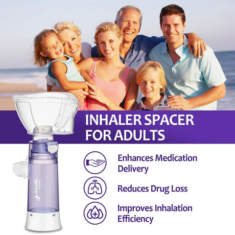 Inhaler Spacer For Adults with silicone mask, anti-static chamber, and exhalation valve for improved lung delivery, purple color.