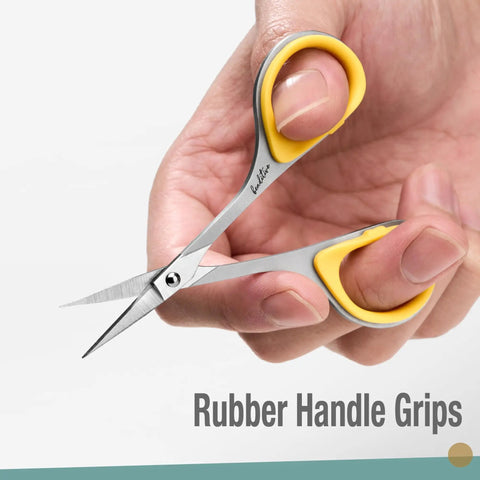 Dual Tip Sewing And Embroidery Scissors Set With Curved And Straight Blades, Extra Sharp Stainless Steel, Precise Tips, Ergonomic Rubber Handles For Comfortable Control In Small DIY Projects, rubber grip close-up
