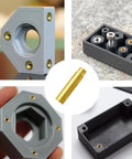 Brass Heat Set Inserts Kit For 3D Printing M2 To M6 With 7 Welding Tips and Soldering Adapters, inserted in 3D printed parts