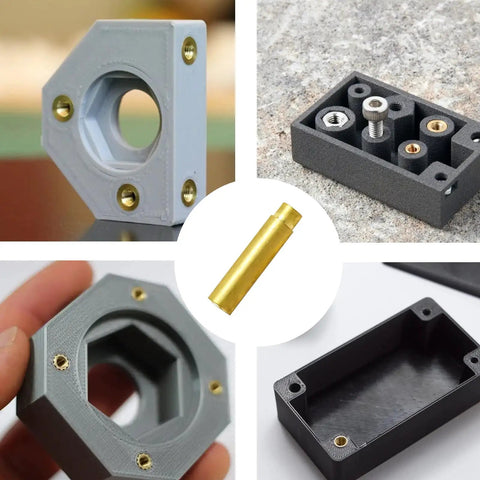 Brass Heat Set Inserts Kit For 3D Printing M2 To M6 With 7 Welding Tips and Soldering Adapters, inserted in 3D printed parts