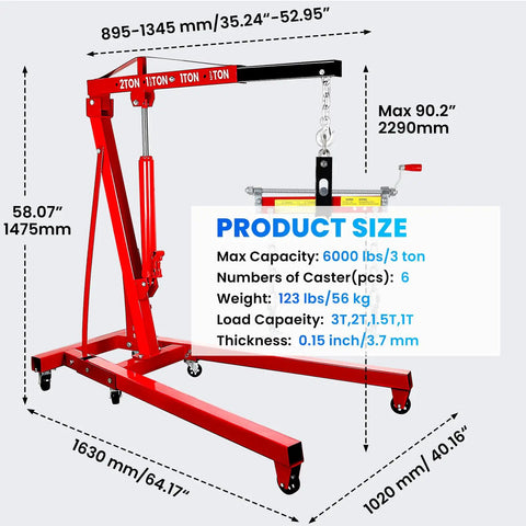 Easy Roll Three Ton Folding Hydraulic Engine Hoist Packs A Beastly Nine Ton Pump And Four Swift Casters Heavy Duty Alloy Steel Cherry Picker Crane dimensions and features overview.
