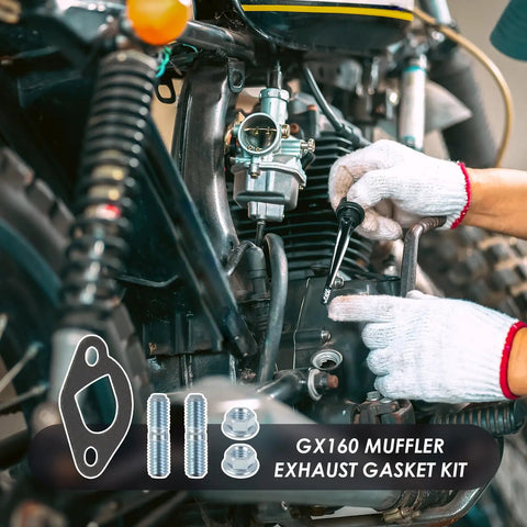 Mechanic installing Predator 212 Exhaust Muffler Gasket Kit for 212cc Non Hemi Carb Exhaust Pipe on a go-kart engine