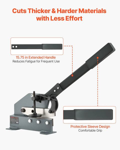 Heavy Duty 6 Inch Sheet Metal Shear With Extended Handle For Clean Cuts In Steel Copper Aluminum, shown with protective sleeve.