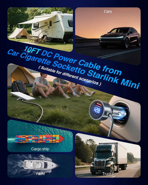 10FT DC Power Cable from Car Cigarette Socketto Starlink Mini for various vehicles like RVs, cars, and trucks.