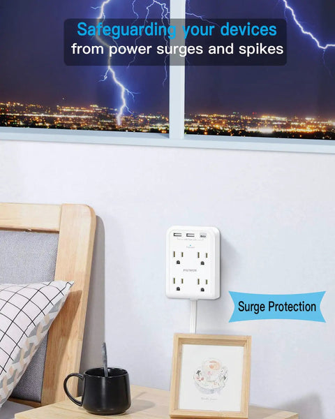 7 In 1 Flat Extension Cord Power Strip With USB C And USB A Ports, 4 Outlets, 3 USB, 4 Ft Wall Plug in room with surge protection