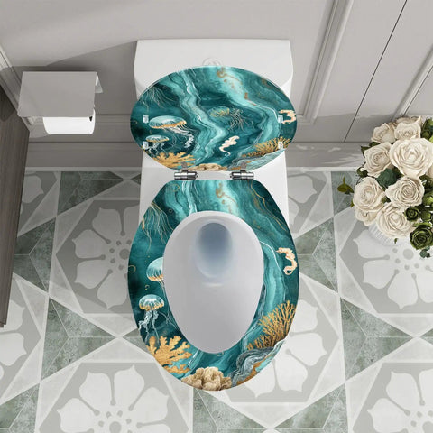 Elongated Resin Toilet Seat for Bathroom with colorful ocean design, fits most toilets, measuring 14.5" x 18.5".