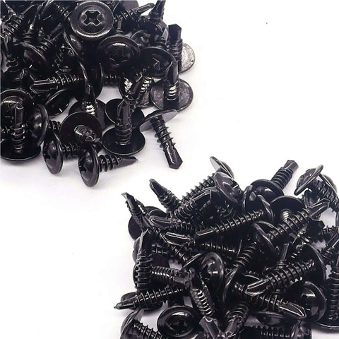 Self Tapping Metal Screws Kit Size Eight In 410 Stainless Steel Black Oxide Truss Head One Half Inch And Three Quarters Inch 100 Count