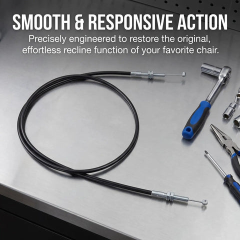 Heavy Duty Recliner Release Pull Replacement Cable, 39 Inch Length for Most Reclining Sofa Chairs, on a workbench with tools.