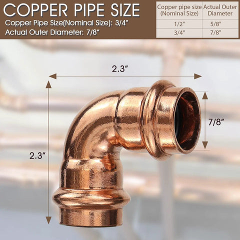 12 Pack Copper Press Fittings Three Quarter Inch By Three Quarter Inch 90 Degree Elbow Zero Lead Copper Coupling For DIY Plumbing Use With Hydraulic Press Tool, showing 90 degree elbow with dimensions.