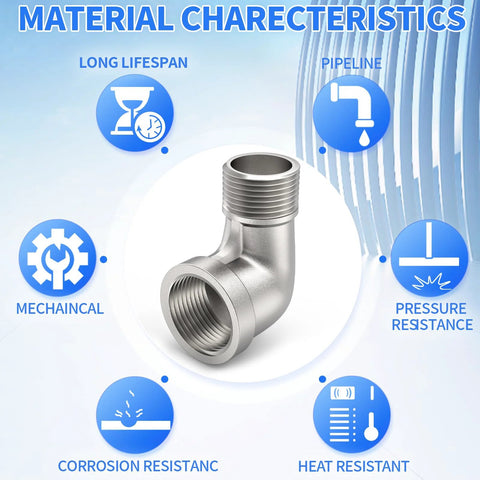 ChillWaves 304 stainless steel 90-degree pipe elbow, 1/2 in NPT male x 1/2 in NPT female, front view