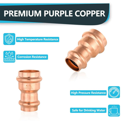 Bulk Box Of One Hundred Professional Grade Copper Press Couplings With Built In Stops, One Inch By Three Quarter Inch Plumbing Fittings, durable and resistant.