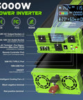 Diagram of 3000W power inverter features, including LCD display, AC outlets, USB ports, and dual cooling fans.