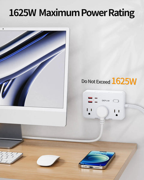 Heavy Hitter Power Strip Surge Protector With Six Wide Spread Outlet Plugs And Four Fast Charge USB Ports Including Dual Type C Inputs, shown mounted at a desk with a computer.