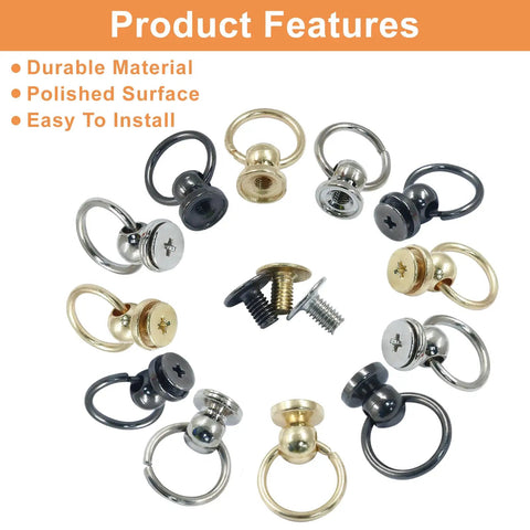Hella Secure 30 Pack Screwback Rivets For Leather Craft Diy Setup Round Head Metal Studs With Smooth Pull Ring set showing various finishes.