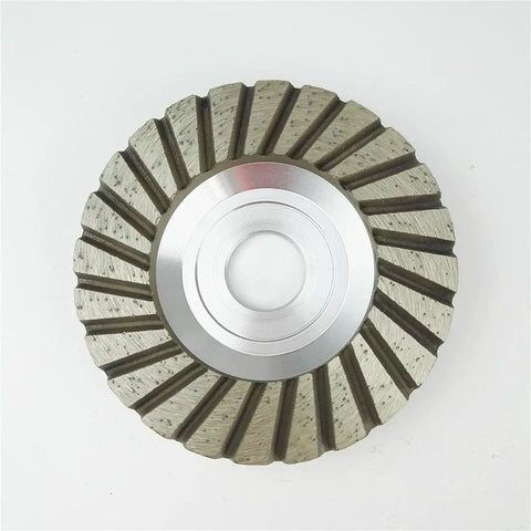 4 Inch Diamond Grinding Cup Wheel For Granite Marble Concrete Brick Low Noise Aluminum Based Turbo Cup Disc Bore Seven Eighths Inch Grit 30 Pro Grade Finishing