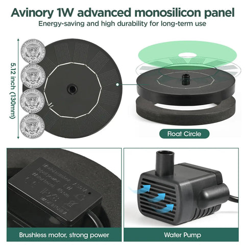 1W Solar Bird Bath Fountain Pump With 6 In 1 Nozzles showing advanced monocrystalline panel and floating circle design