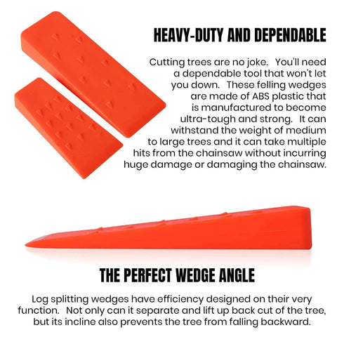 Two orange ABS plastic tree felling wedges with spikes for safe cutting