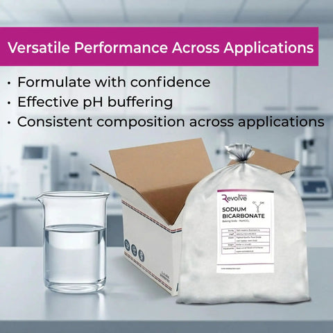 Go To Bulk 50 Lb Bag Of Lab Grade Baking Soda For Scientific Use, High Purity For pH Adjustment, Buffering, Solution Prep, Lab Workflows And Industrial Production Needs. lab-grade sodium bicarbonate bag with beaker