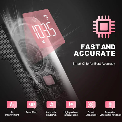 No-Touch Forehead Thermometer For Quick Temps In Adults Kids And Babies, 1 Sec Fast Accurate Reading With Noncontact Infrared Tech, Backlit Display, Fever Alert, Pink Design That's Kid-Friendly And Easy To Use, pink chip graphic