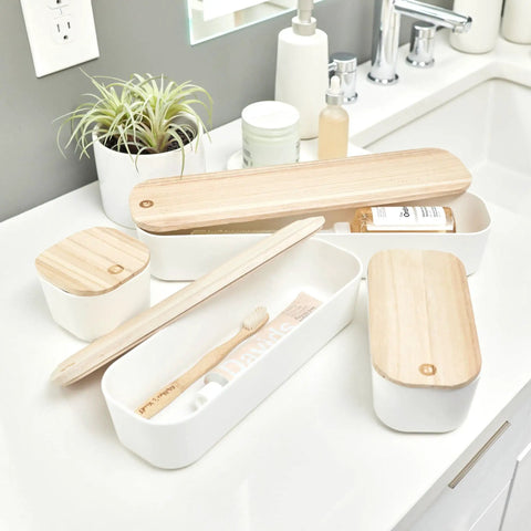 Recycled Plastic Drawer Organizer Bin With Paulownia Wood Lid, Ultra Compact 3.6 By 14.4 By 2.4 Inches in bathroom setting