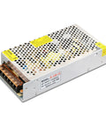 12V 10A 120W Power Supply For 5050 3528 LED Strip Light Ac To Dc No Fuss Fanless Silent High Efficiency With Switchable 110V 220V Input Ideal For Home Office Signage And Under Cabinet Lighting. silver metal enclosure, vented top view