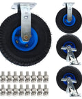 Heavy Duty Swivel Caster Set Featuring Thick Rubber Pneumatic Wheels Designed To Dampen Vibration On Rolling Furniture And Warehouse Carts equipped with side brakes and bolts.