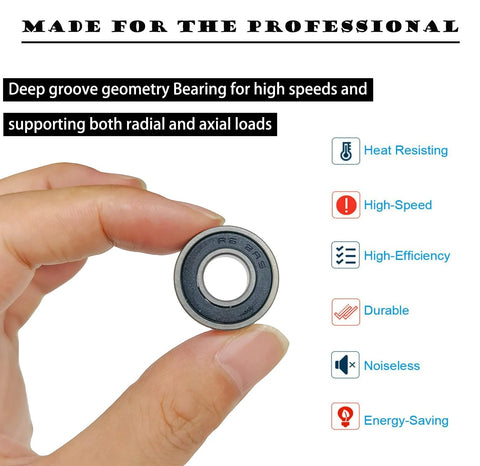 R6-2RS bearing, miniature deep groove ball bearing, 3/8 in ID x 7/8 in OD, double rubber sealed, held between fingers