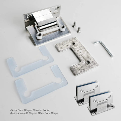 Beefy Frameless Glass Shower Door Hinges Set, Heavy Duty 304 Stainless Steel, wall-to-glass mount, mirror polished finish components