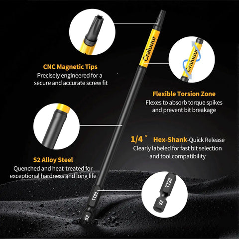 Heavy-Duty 14-Piece Long Torx Bit Set With 6-Inch Reach, T7 Through T40, features magnetic tips and S2 steel, on black background