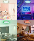 Flush Mount LED Ceiling Light With Remote Control, 12 Inch Ultra Thin Round 25W RGB Color Changing Fixture in various room settings