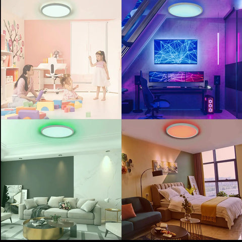 Flush Mount LED Ceiling Light With Remote Control, 12 Inch Ultra Thin Round 25W RGB Color Changing Fixture in various room settings